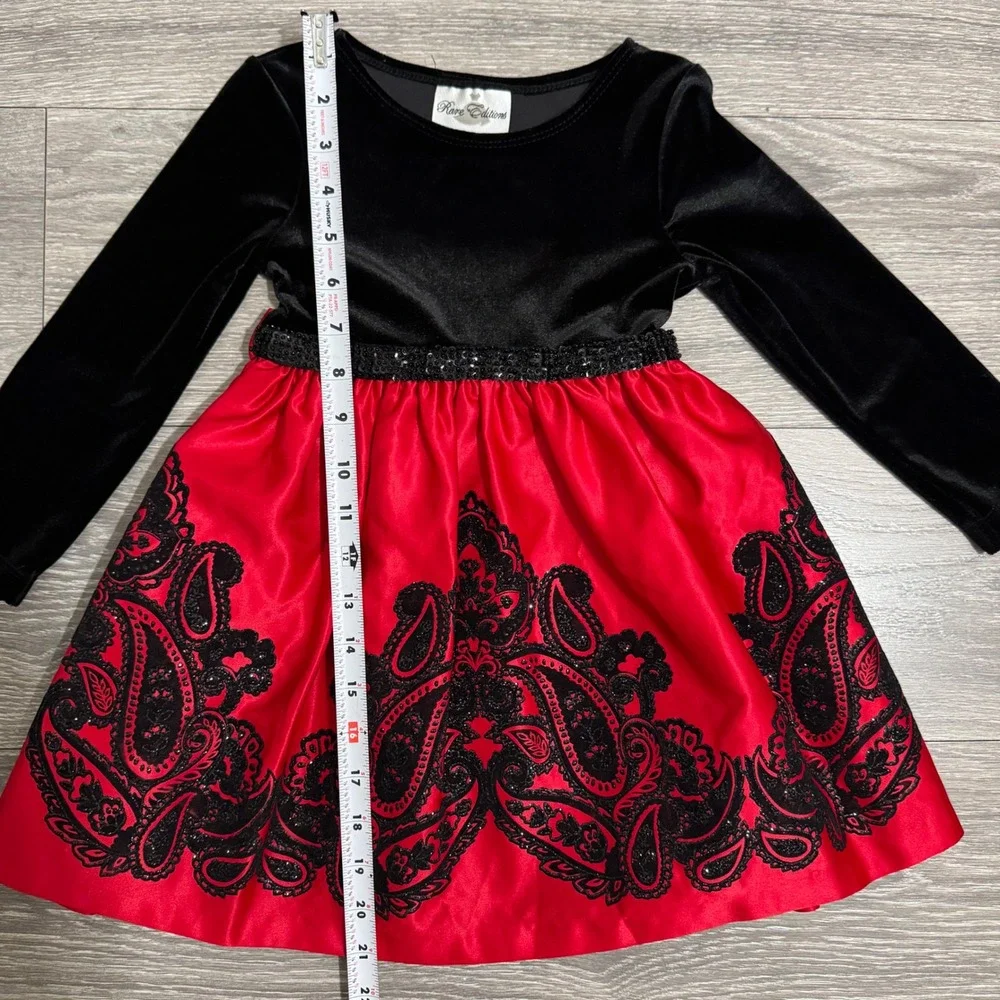 Rare Editions 4T Girls Black‎ Velvet Red Satin Paisley Sequin Holiday Dress